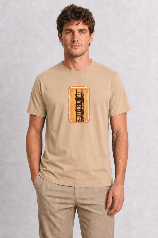 Men's Retro City Ladder Graphic T-Shirt Design - Cream