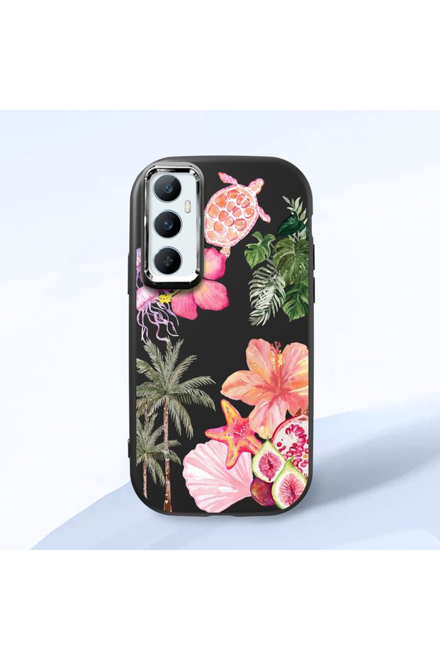 Realme C65 4g Compatible Shock-Absorbing Camera Protected Black Silicone Case Floral Print