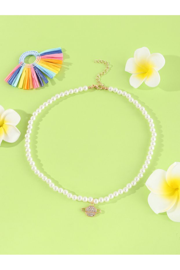 Girls Multi-Color Planet Rhinestone Embellished Charm Pearl Beaded Necklace