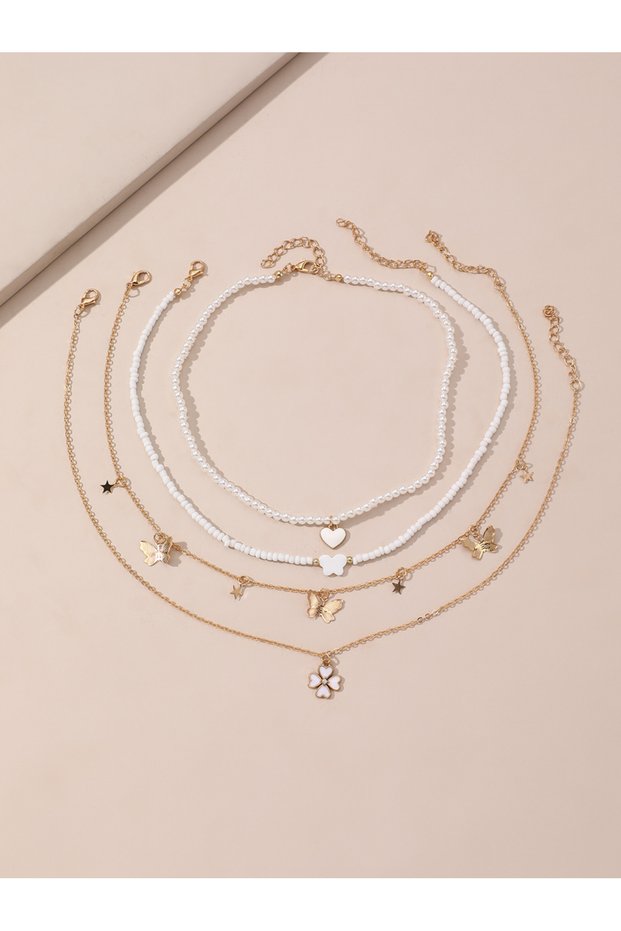 Pack of 4 - Girls Multi-Color Girls Butterfly and Heart Charm Necklace