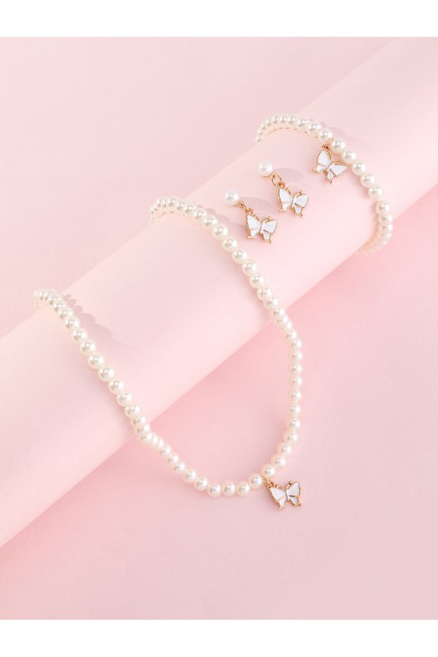 Girls White Butterfly Charm Pearl Necklace, Bracelet and Earrings Set