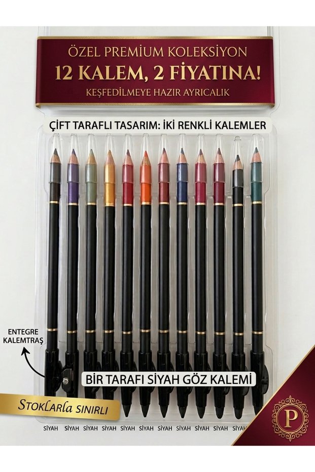 Double-Ended Pencil Set for Eyeliner and Lip Liner – 12-Piece Makeup Pencils, Black Eyeliner and Colored Lip Liners