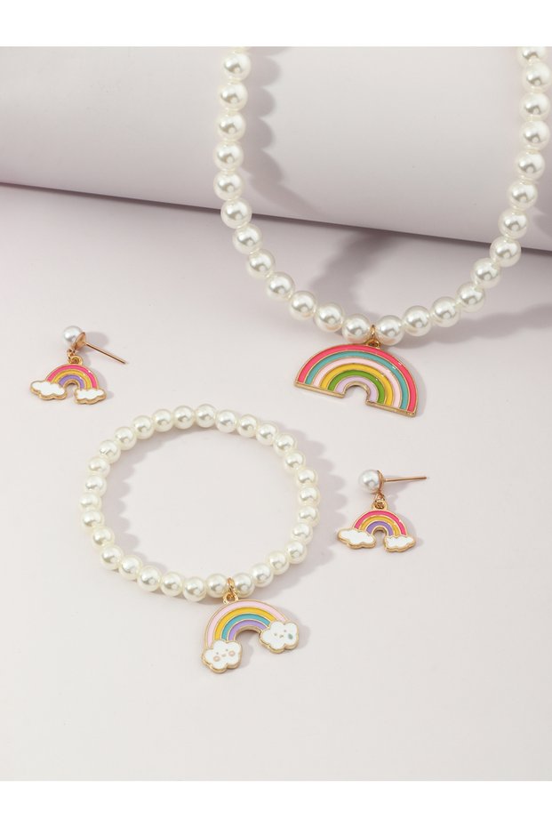 Girls Pearl and Rainbow Charm Necklace, Bracelet and Earrings Set