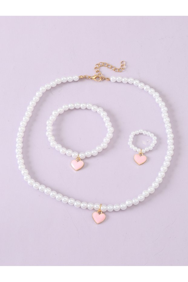 Girls Heart Charm Beaded Necklace, Bracelet and Ring Set