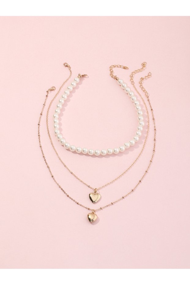 Pack of 3 - Girls Faux Pearl and Gold Tone Heart Pendant Necklaces