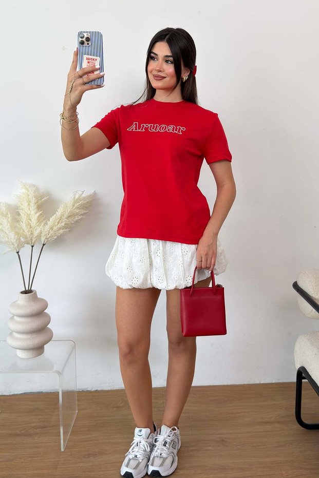 Women's crew neck aruoar print t-shirt - red - 26y 3333