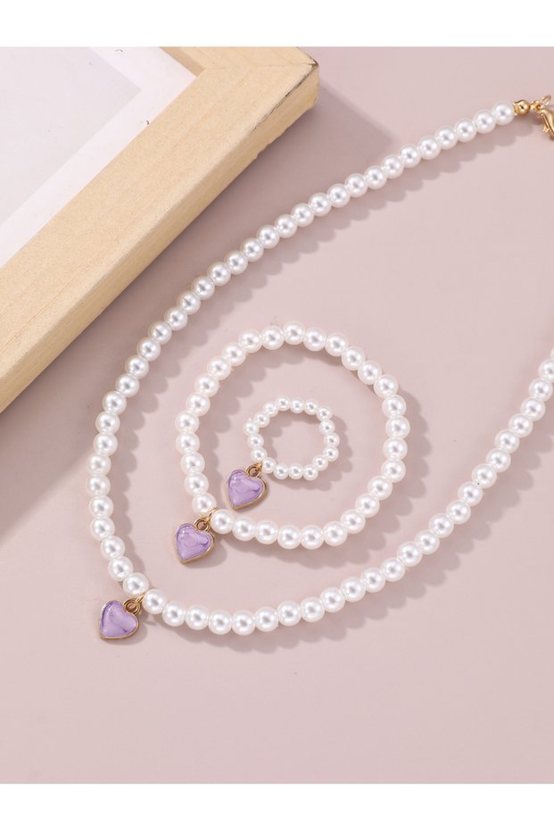Girla Pearl and Purple Heart Necklace, Bracelet and Ring Set