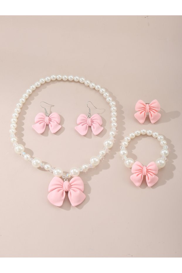 Girls Bow Charm Pearl Necklace, Bracelet and Earrings Set