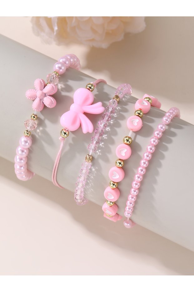 Pack of 5 - Girls Pink Pearl and Heart Charm Bracelets