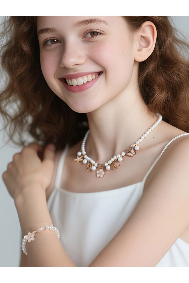 Girls White Pearl Charm Necklace and Bracelet Set