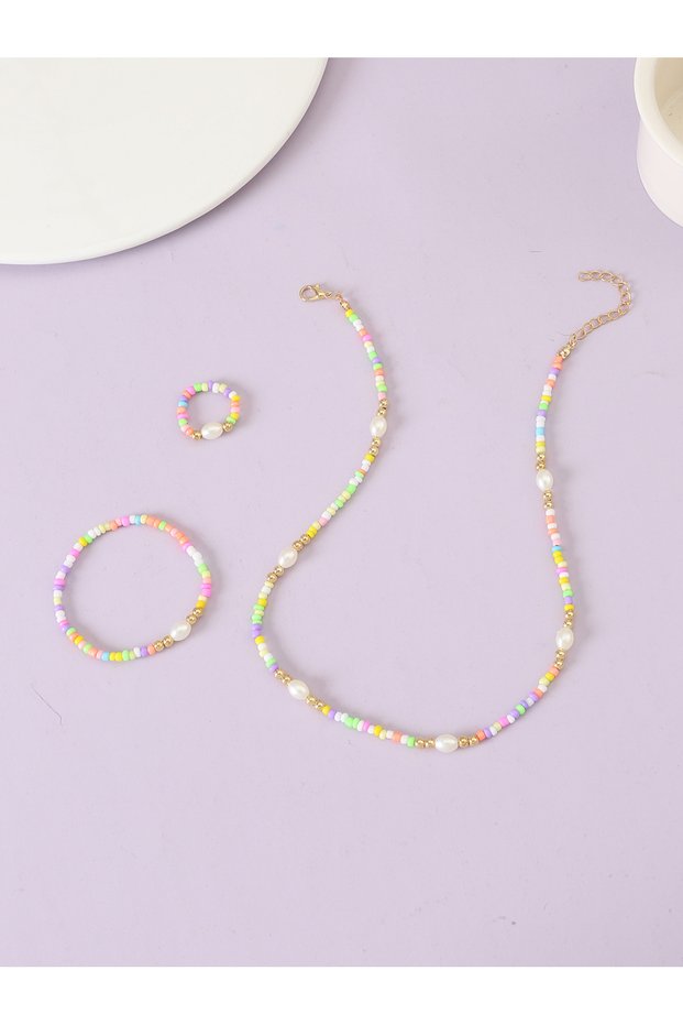 Girls Multi-Color Beaded Necklace, Bracelet and Ring Set