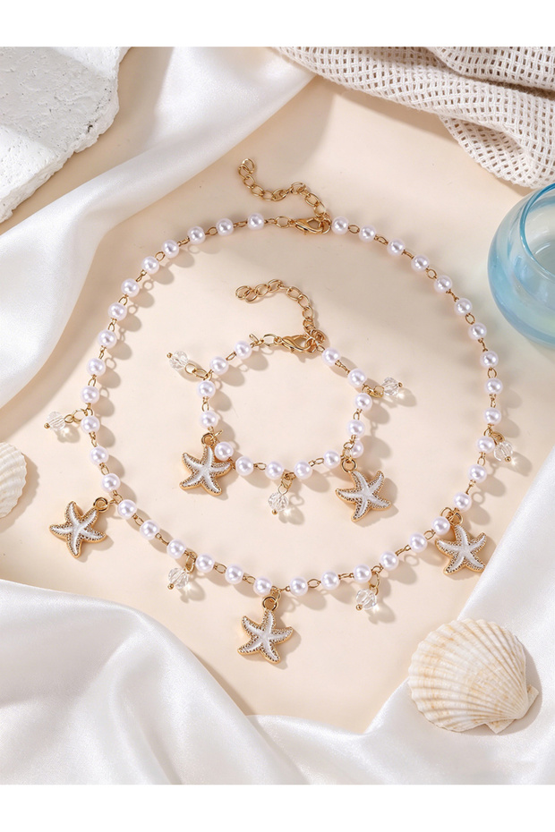 Girls White Starfish and Pearl Charms Necklace and Bracelet Set