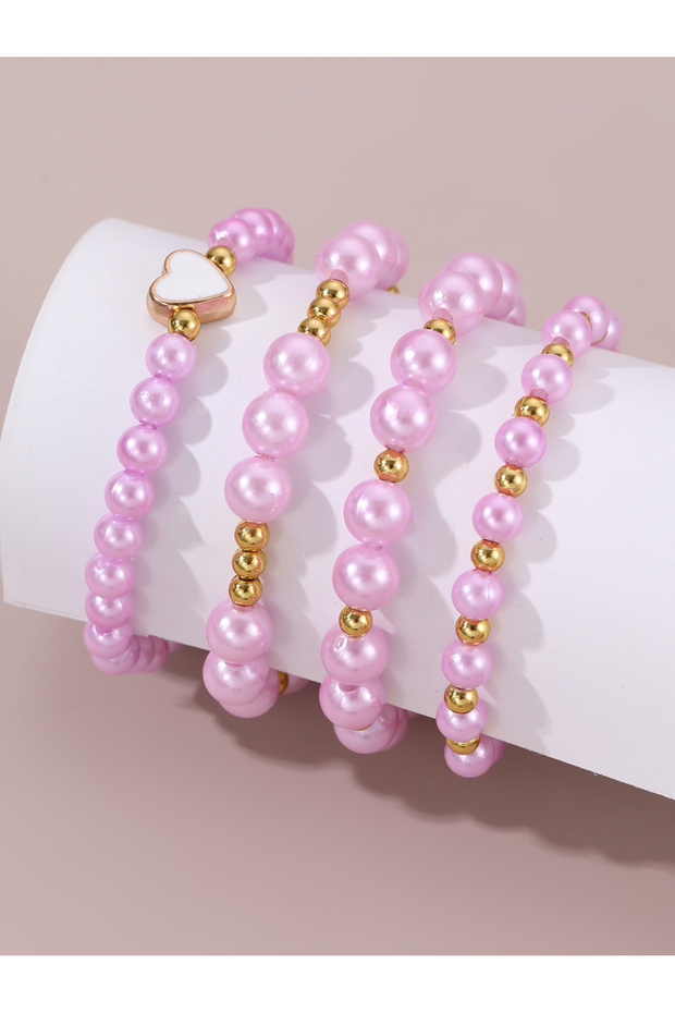 Pack of 4 - Girls Multi-Color Pearl Beaded Bracelets with Heart Charm