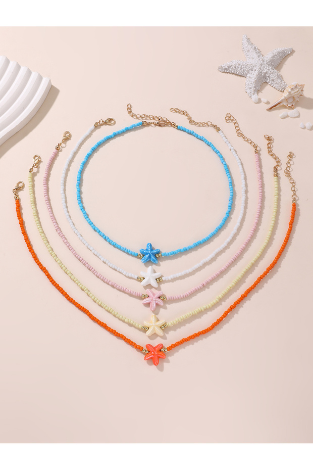 Pack of 5 - Girls Multi-Color Starfish Charm Beaded Necklaces