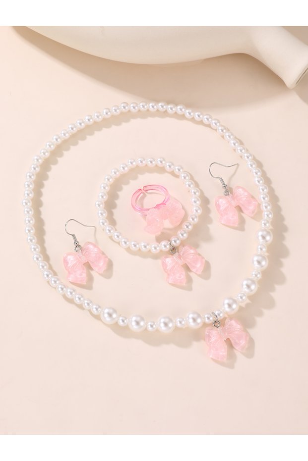 Girls Pink Bow Charm Pearl Beaded Necklace, Bracelet, Ring and Earrings Set