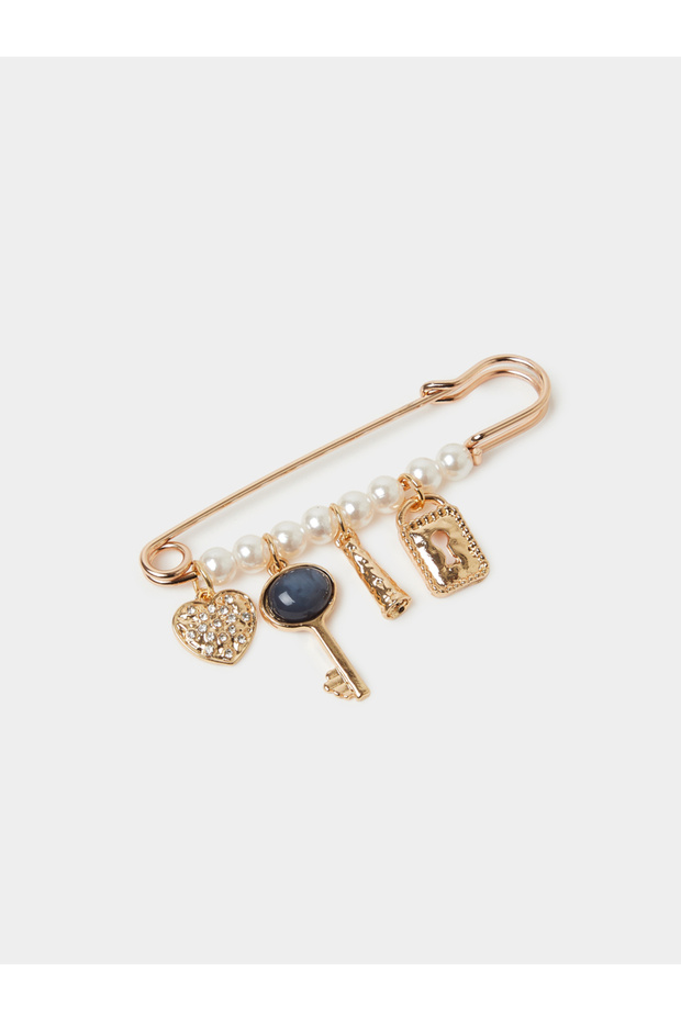 Gold Tone Pearl Brooch with Heart and Key Charms