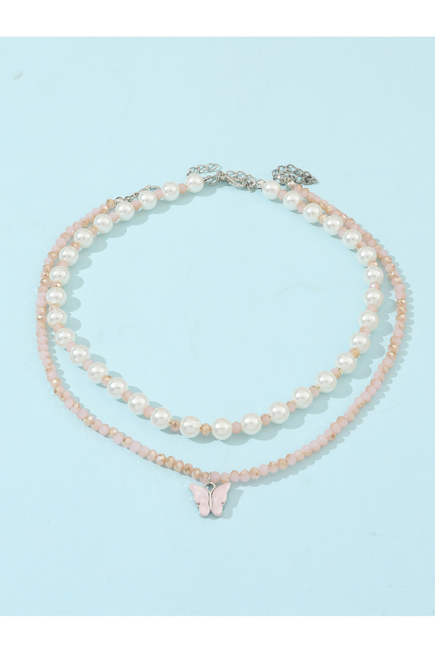 Pack of 2 - Girls Multi-Color Pearl and Crystal Butterfly Pendant Necklaces