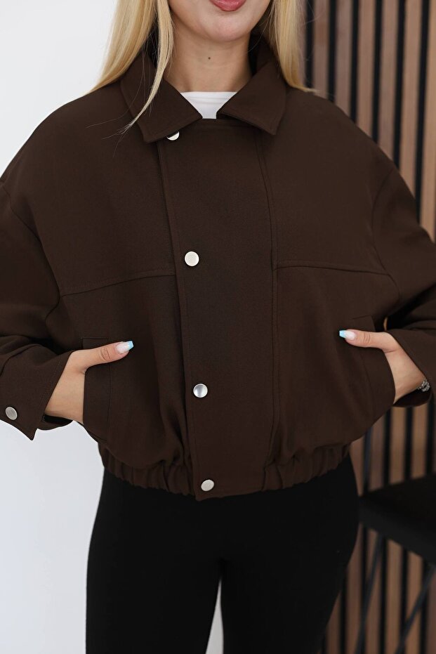 Elastic Waistband, Snap Fasteners, Lined Bomber Cashmere Jacket