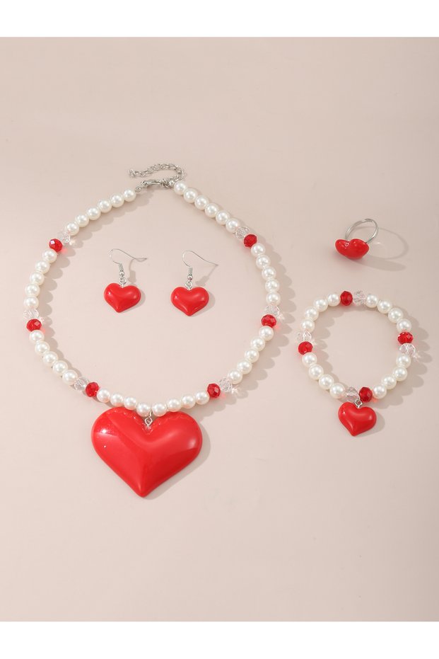 Girls Heart Charm Pearl Necklace, Bracelet, Earrings and Ring Set