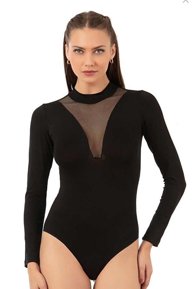 Women's Turtleneck Long Sleeve Viscose Fabric Snap Fastener Bodysuit | Black 25783