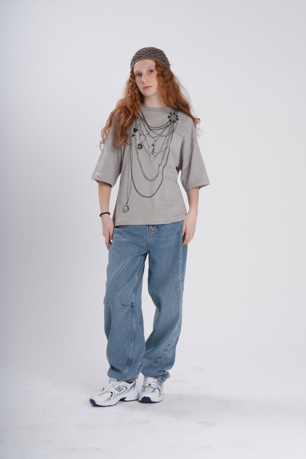 Pendant Patterned Women'S/Teen Girls' T-Shirt – Chain Print Cotton Oversized Street Style T-Shirt