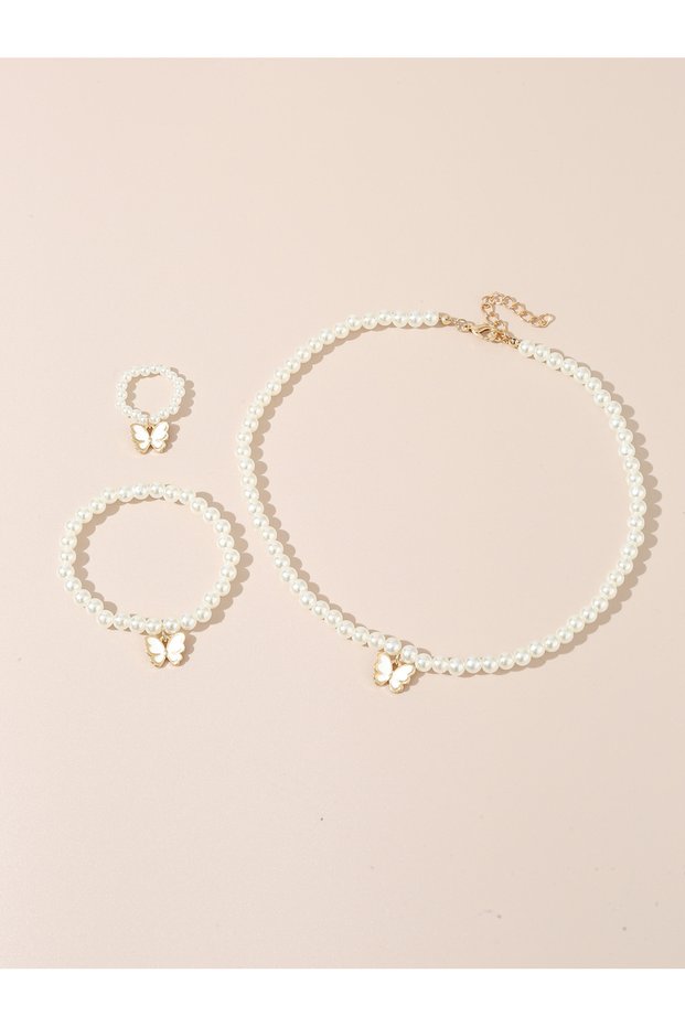 Girls White Butterfly Charm Beaded Necklace, Bracelet and Ring Set