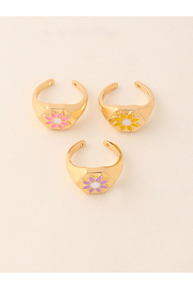 Girls Set of 3 - Enamel Flower Adjustable Rings
