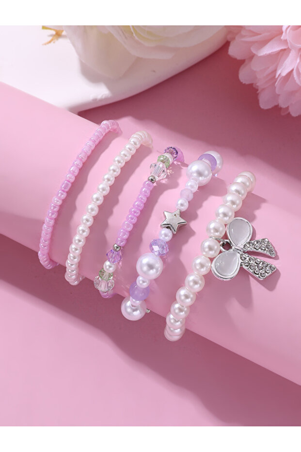 Pack of 5 - Girls Multi-Color Pastel Beaded Bracelets with Star and Bow Charms