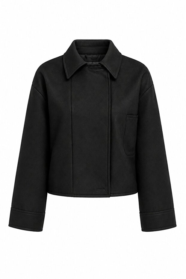 Black Elastic Waist Crop Jacket - 4020