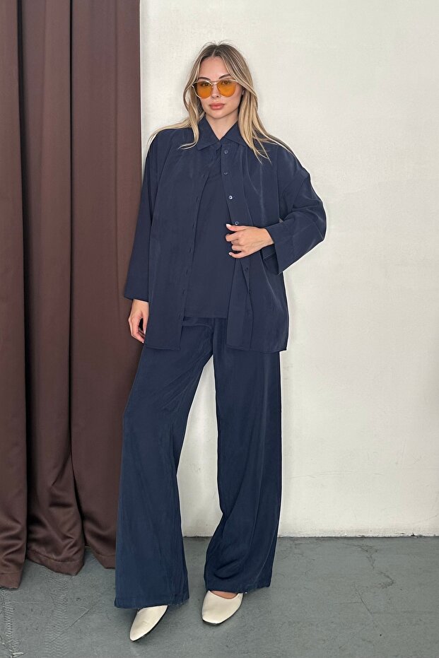 Women's Navy Blue Soft Textured Shirt Blouse Palazzo Trousers Triple Woven Set