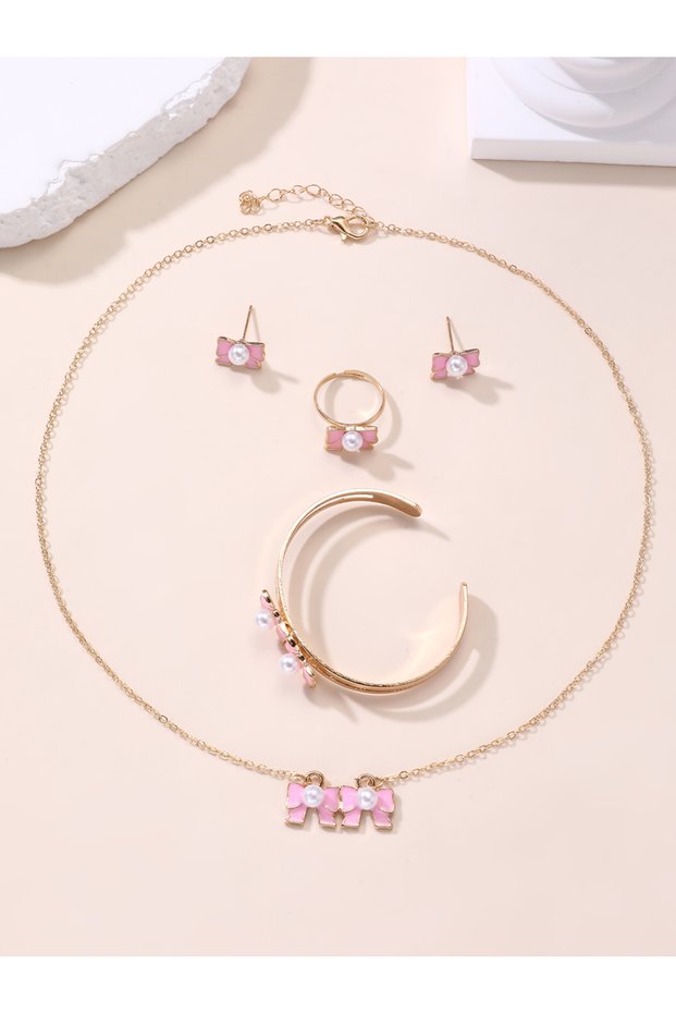Set of 5 - Pink Bow And Pearl Jewelry Set
