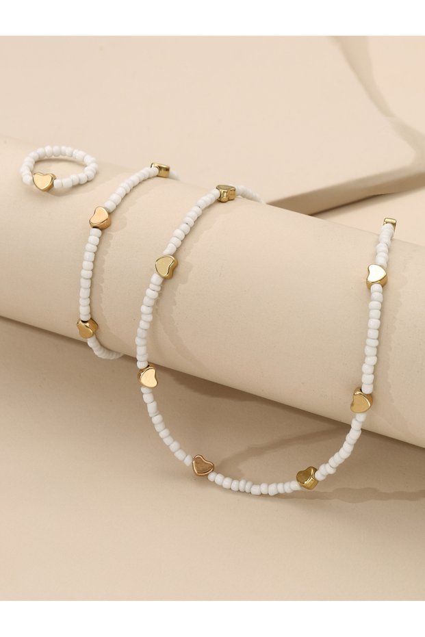 Girls White Beaded Necklace, Bracelet and Ring Set with Gold Tone Heart Charm