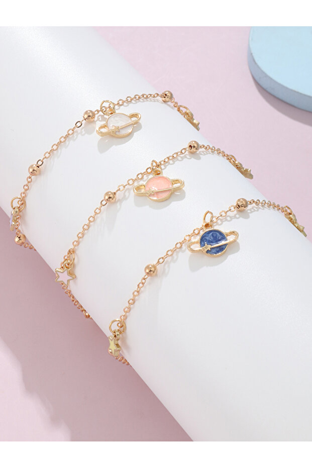 Pack of 3 - Gold Tone Planet and Star Charm Bracelet