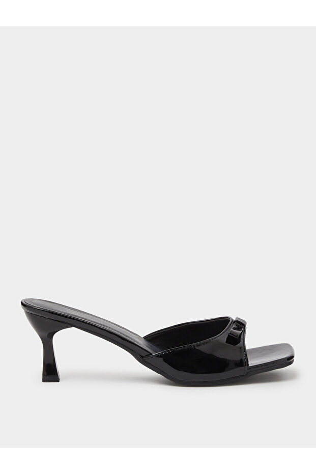 Black Patent Bow Mid Heel Sandals