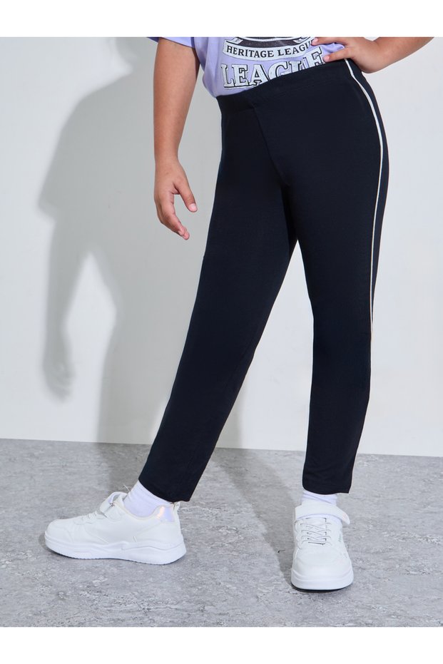 Teen Girls Black Side Stripe Full-Length Leggings