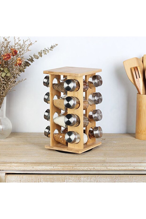 Loretta 16 Piece Bamboo Spice Rack Set NaturalH CmMl, Wood And Bamboo, Spice Racks And Jars