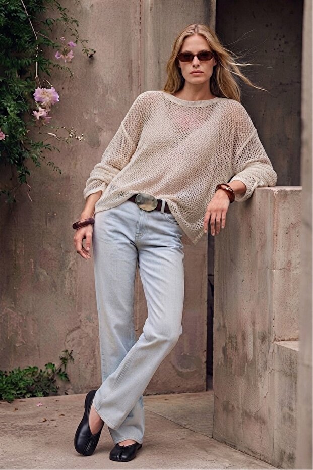Oversize Boat Neck Blouse Sweater Ecru