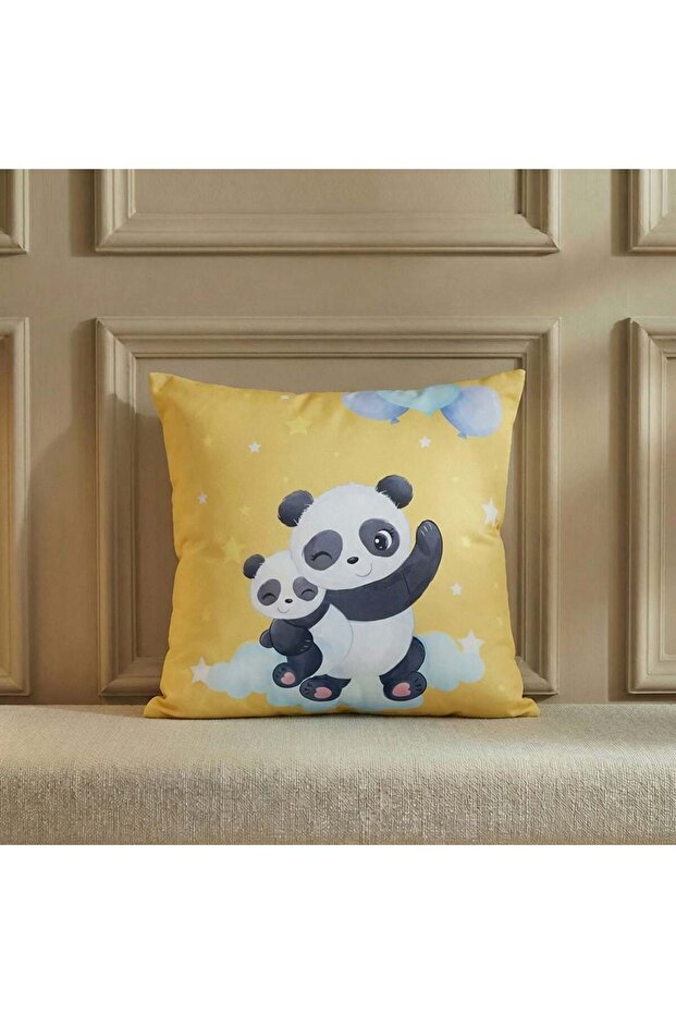 Dreamz Panda Filled Cushion-45x45 Cm, Yellow, Microfiber, Filled Cushions