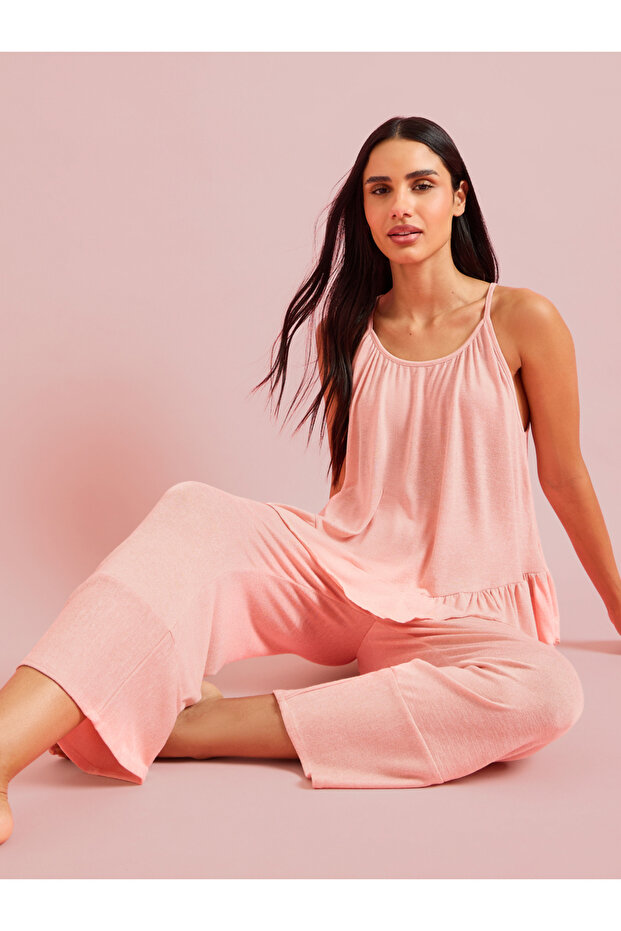 Pink Solid Strappy Cami Top and Pants Pyjama Set