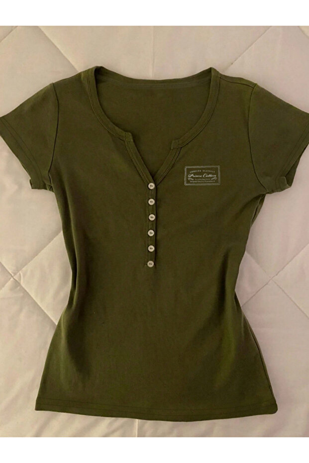 Green Notch Neck Short Sleeve Top