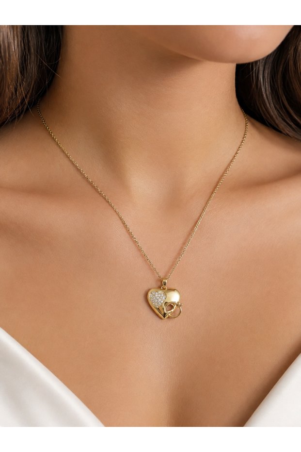 Steel Heart and Single Stone Ring Detailed Women's Necklace 45 cm – Gold Color
