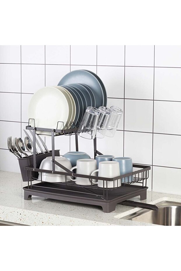Bistro Bliss 2-Tier Dish Rack Set, Brown, Polypropylene, Metal