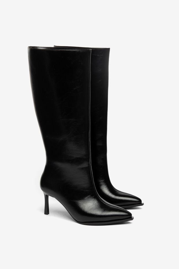 Black Shiny Thin High Heeled Boots with Middle Stitching Detail