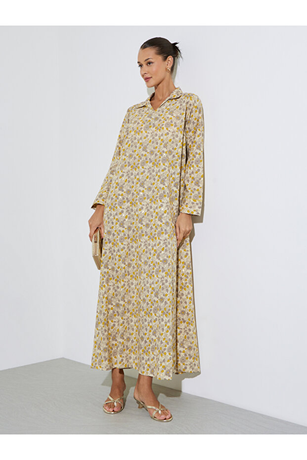 Multi-Color All Over Floral Print Collared Maxi Jalabiya