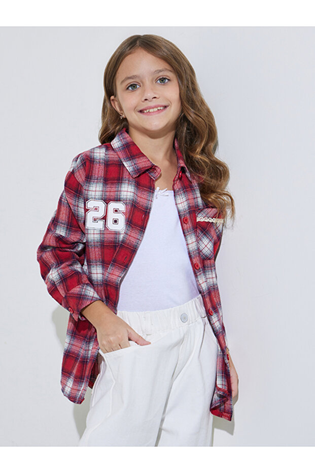 Girls Red Checked Pocket Detail Oversized Shirt