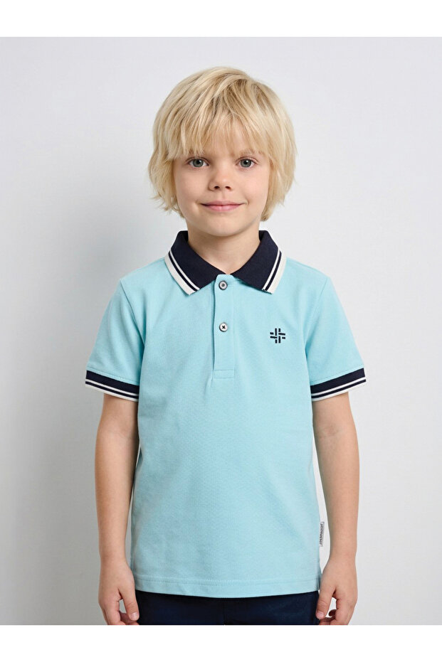 Boys Turquoise Contrast Trims Regular Fit Polo T-Shirt By Juniorloom
