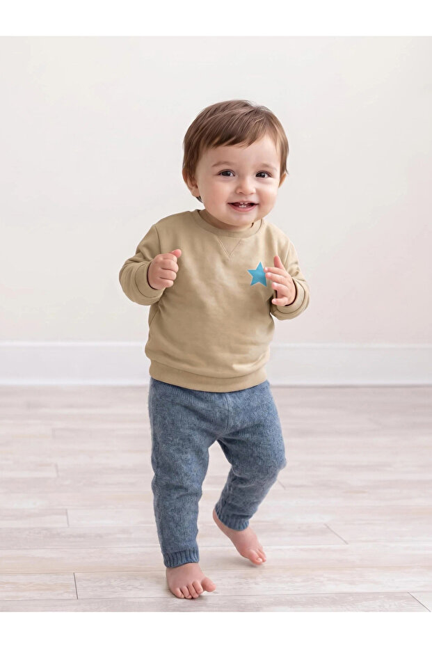 Baby Girl Beige Front and Back Print Cotton Sweatshirt