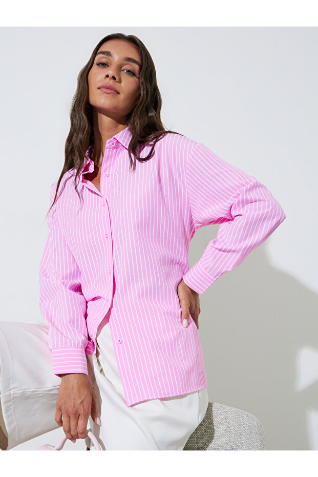 Pink Striped Long Sleeves Oversized Shirt