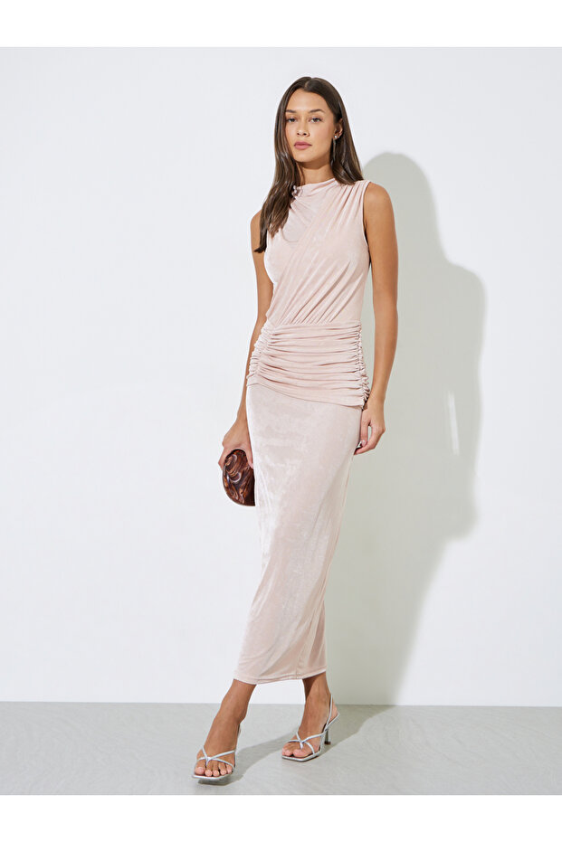Khaki Solid Ruched Waist Bodycon Maxi Dress