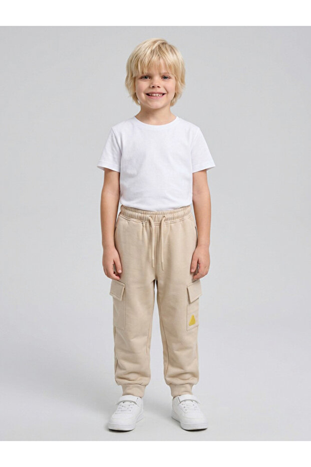 Boys Beige Cuffed Hem Cargo Joggers By Juniorloom